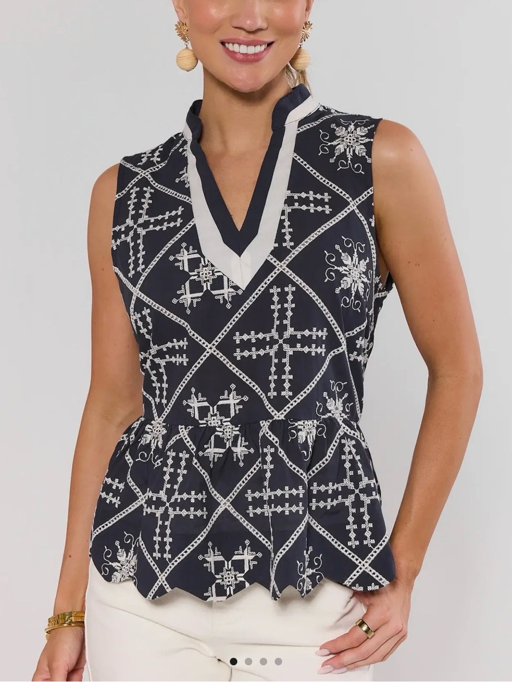NWOT - Entro Navy Top with White Geometric Embroidery